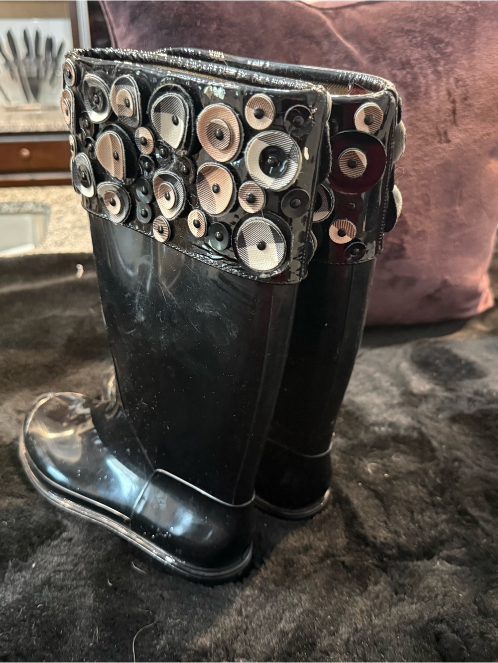 Burberry Black Patent Rain Boots with Metallic Disc Embellishment